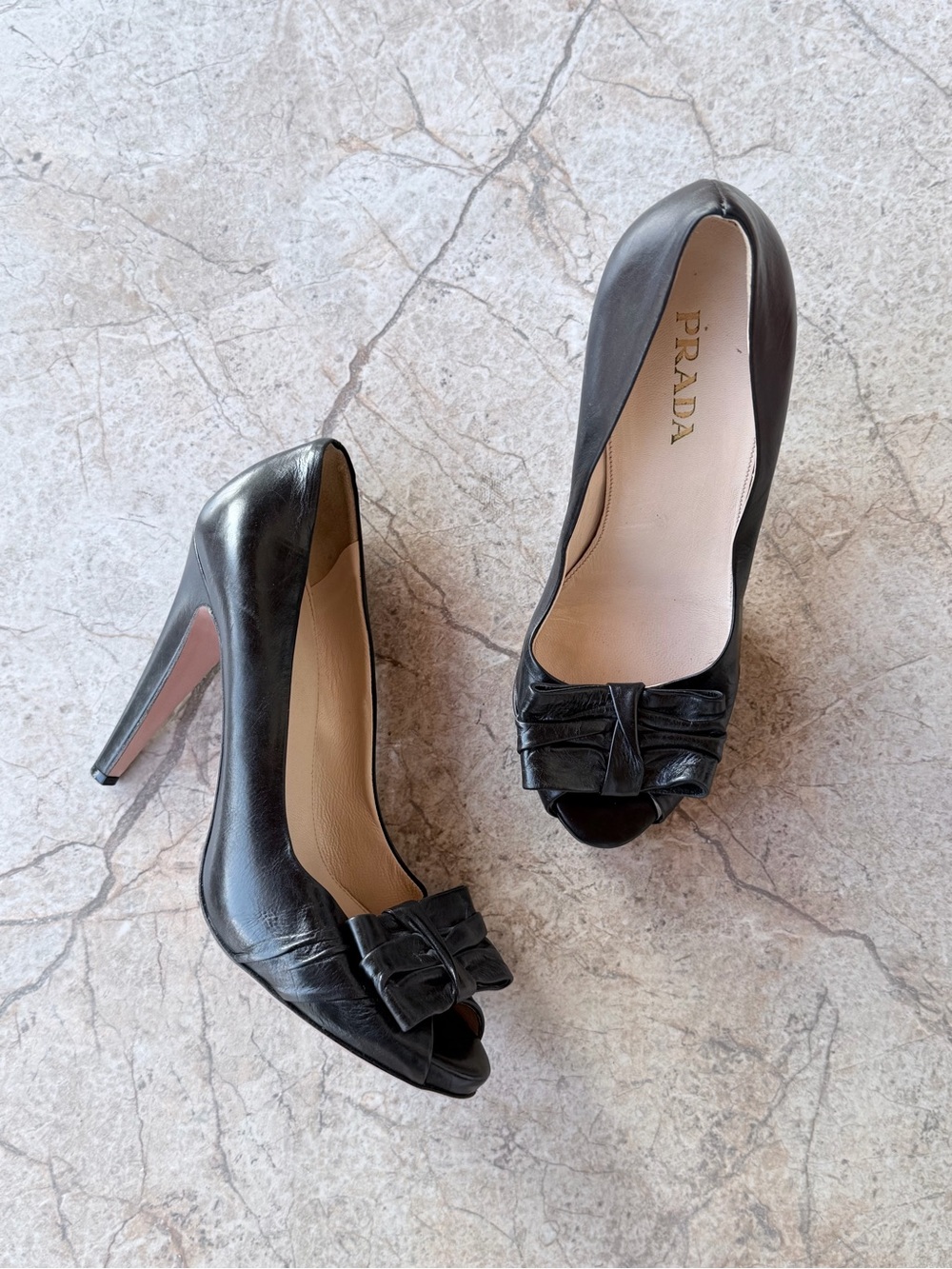 PRADA S/S 2008 Fairy Collection Black Nappa Leather Pleated Bow Peep Toe Heels